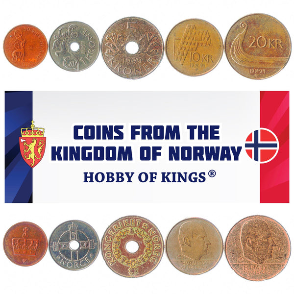 Norwegian 5 Coin Set 50 Øre 1 5 10 20 Kroner | King Harald V | Nidhogg | Viking Longship | Norway | 1994 - 2017