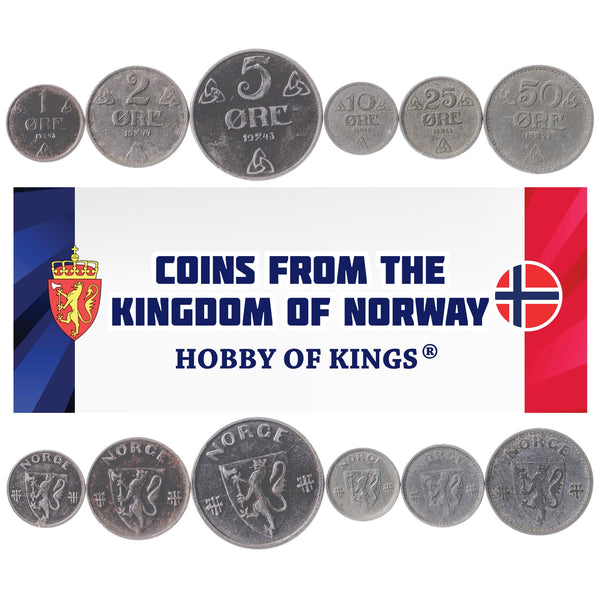 Norwegian 6 Coin Set 1 2 5 10 25 50 Øre | Norwegian Lion | Norway | 1941 - 1945
