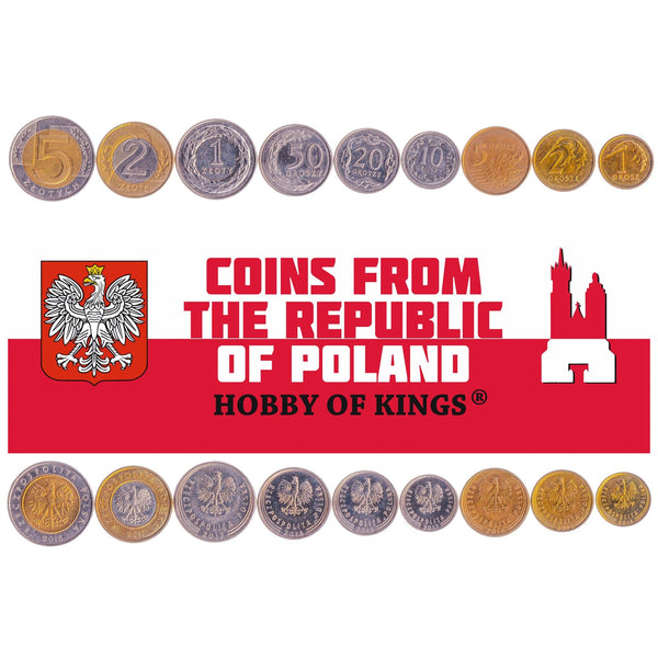 Polish 9 Coin Set 1 2 5 10 20 50 Grosz 1 2 5 Złote | White Crowned Eagle | Poland | 2013 - 2021