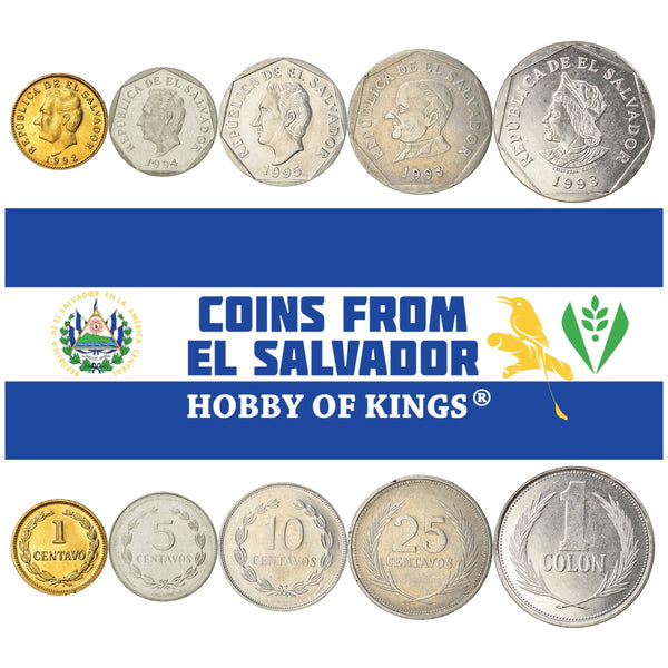 Salvadoran 5 Coin Set 1 5 10 25 Centavos 1 Colón | Francisco Morazan | Christopher Columbus | Jose Matias Delgado | El Salvador | 1989 - 1999