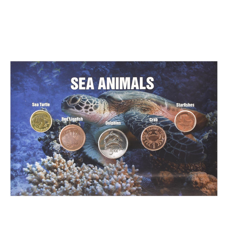 Sea Animals | 5 Coin Set | Turtle | Red Starfish | Dolphin | Crab | Lionfishes