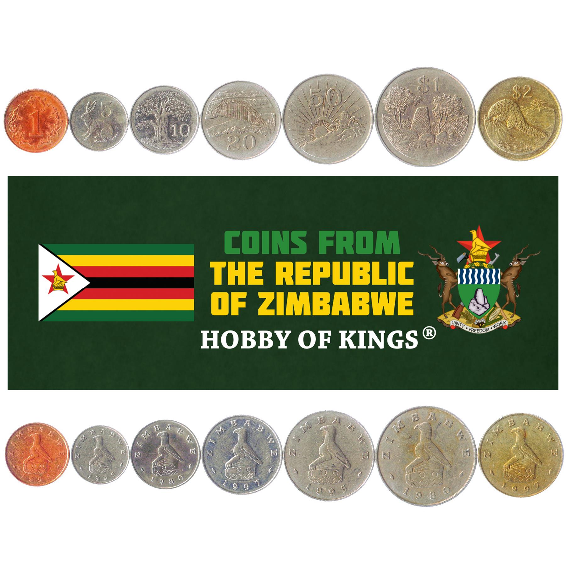 Set 7 Coins Zimbabwe 1 5 10 20 50 Cents 1 2 Dollars 1980 - 1999