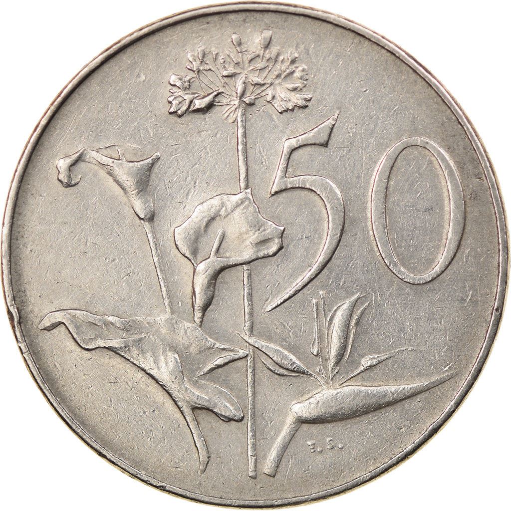 South Africa | 50 Cents Coin | President Charles Swart | Flowers | Lilies | Bird of Paradise | Km:79.1 | 1968