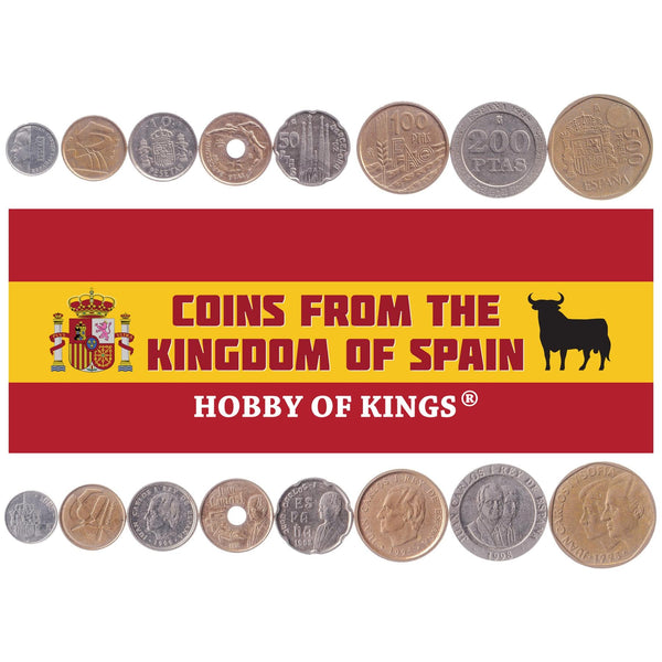 Spanish 8 Coin Set 1 5 10 25 50 100 200 500 Pesetas | Juan Carlos I | Sailboats | Spain | 1989 - 2001