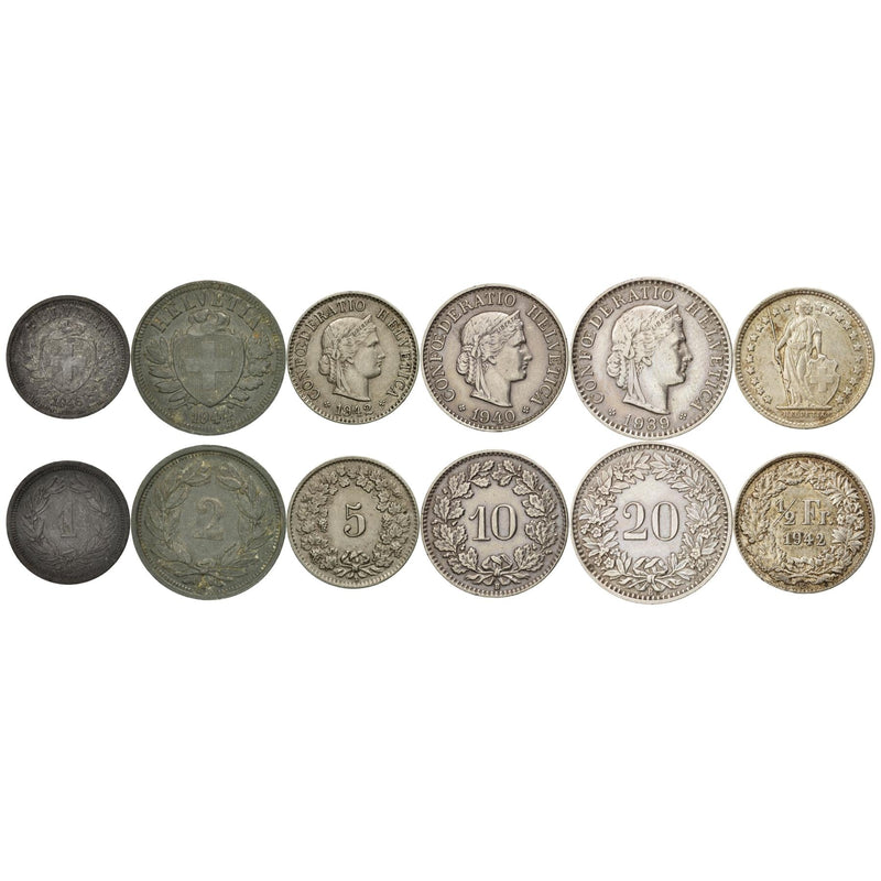 Swiss 6 Coin Set 1 2 5 10 20 Rappen 1/2 Franc | Libertas | Helvetia | Switzerland | 1939 - 1947