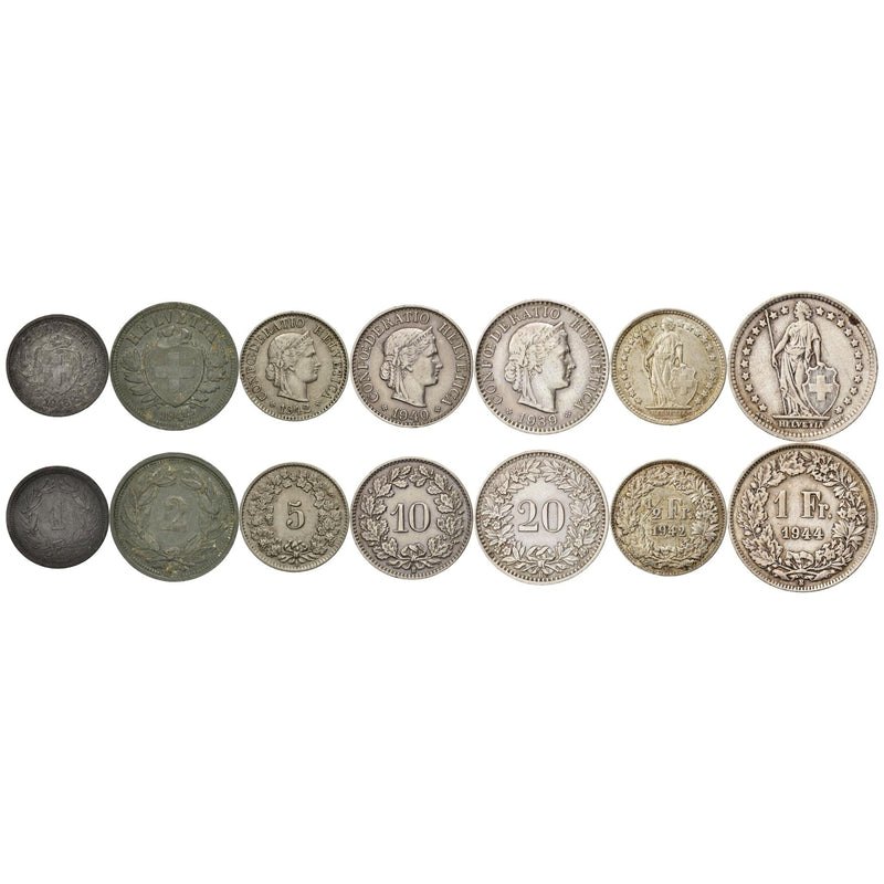 Swiss 7 Coin Set 1 2 5 10 20 Rappen 1/2 1 Franc | Libertas | Helvetia | Switzerland | 1939 - 1947