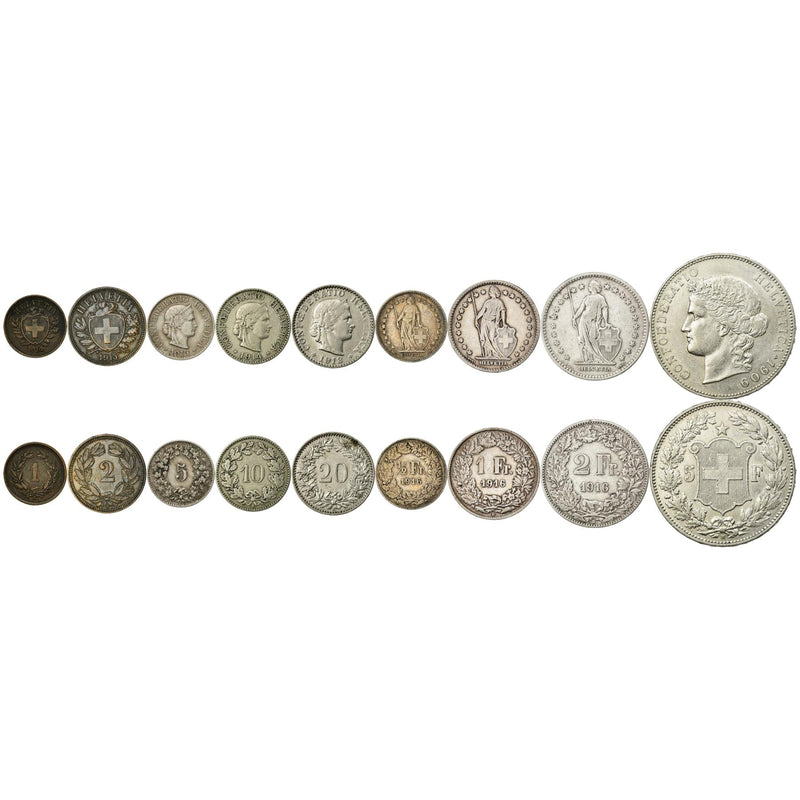 Swiss 9 Coin Set 1 2 5 10 20 Rappen 1/2 1 2 5 Francs | Libertas | Helvetia | Switzerland | 1874 - 1916