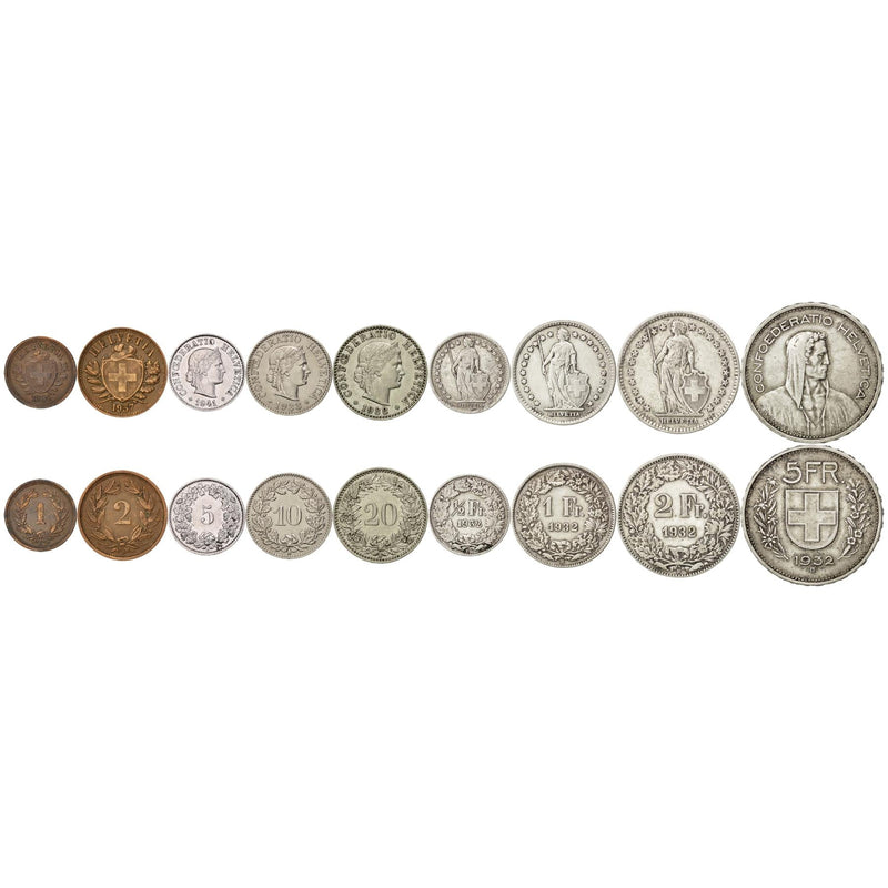 Swiss 9 Coin Set 1 2 5 10 20 Rappen 1/2 1 2 5 Francs | Paul Burkhard | Libertas | Helvetia | Switzerland | 1931 - 1941
