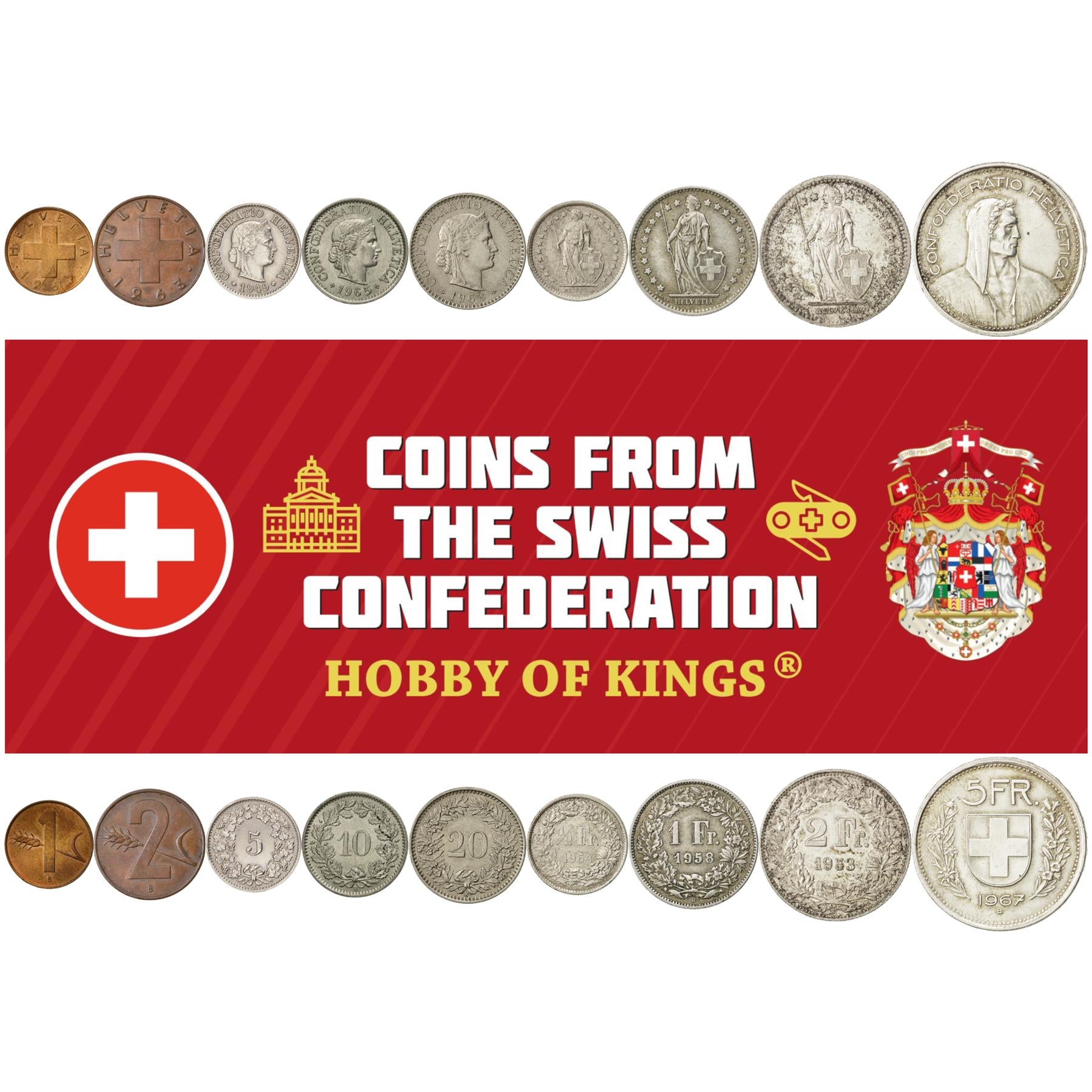 Swiss 9 Coin Set 1 2 5 10 20 Rappen 1/2 1 2 5 Francs | Paul Burkhard | Wheat | Libertas | Helvetia | Switzerland | 1948 - 1967