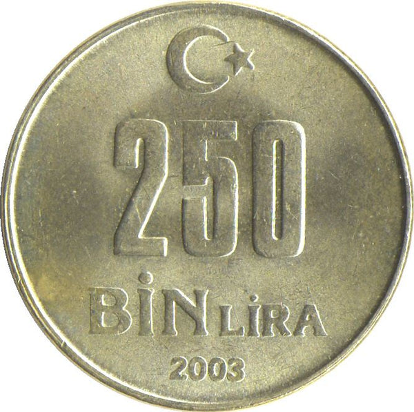 Turkey Coin Turkish 250 000 Lira | President Mustafa Kemal Ataturk | Moon Star | KM1137 | 2002 - 2004