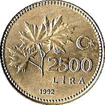 Turkey Coin Turkish 2500 Lira | President Mustafa Kemal Ataturk | Sycamore Tree | KM1015 | 1991 - 1998