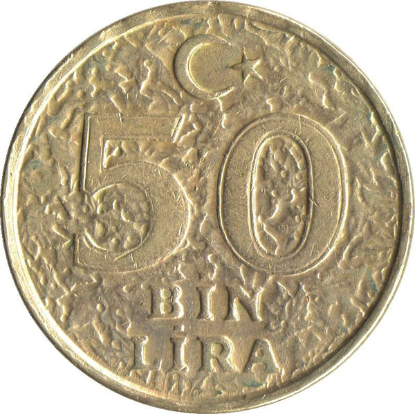 Turkey Coin Turkish 50 000 Lira | President Mustafa Kemal Ataturk | Moon Star | KM1056 | 1996 - 2000