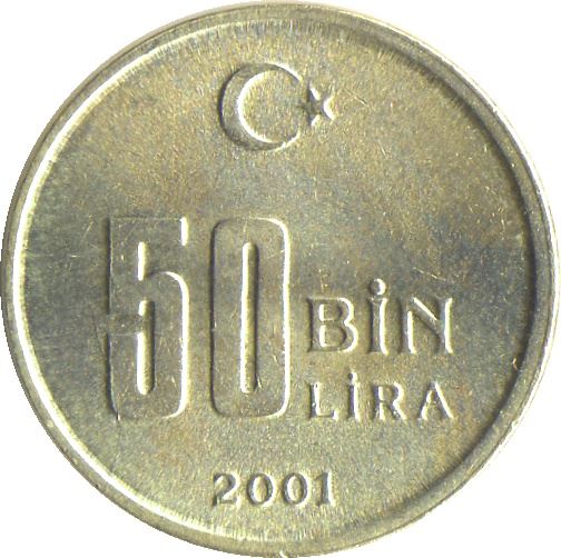 Turkey Coin Turkish 50 000 Lira | President Mustafa Kemal Ataturk | Moon Star | KM1105 | 2001 - 2004