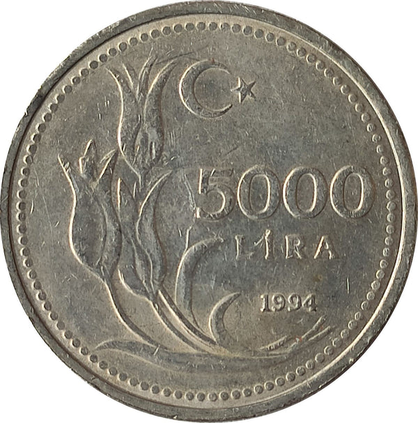 Turkey Coin Turkish 5000 Lira | President Mustafa Kemal Ataturk | Tulip | KM1025 | 1992 - 1994