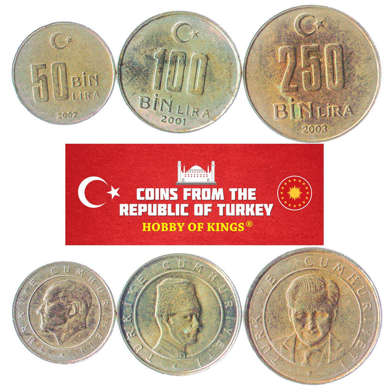 Turkish 3 Coin Set 50000 100000 250000 Lira | Mustafa Kemal Atatürk | Crescent And Star | Turkey | 2001 - 2004