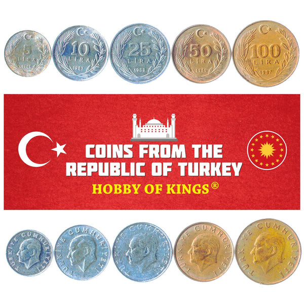 Turkish 5 Coin Set 5 10 25 50 100 Lira | Mustafa Kemal Atatürk | Crescent And Star | Turkey | 1985 - 1989