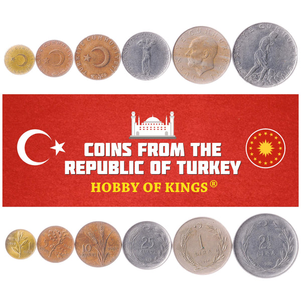 Turkish 6 Coin Set 1 5 10 25 Kuruş 1 2 1/2 Lira | Mustafa Kemal Atatürk | Crescent And Star | Turkey | 1958 - 1968