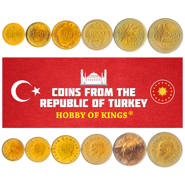 Turkish 6 Coin Set 50 100 500 1000 2500 5000 Lira | Mustafa Kemal Atatürk | Crescent And Star | Turkey | 1988 - 1994