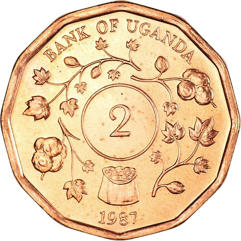 Uganda | 2 Shillings Coin | Cotton Sprig | KM28 | 1987