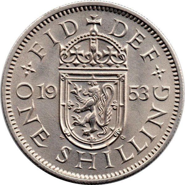 United Kingdom Coin 1 Shilling | Elizabeth II Scottish shield | with 'BRITT:OMN' | 1953