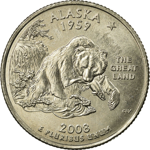 United States Coin American ¼ Dollar | George Washington | Alaska | Grizzly Bear | Salmon | KM424 | 2008