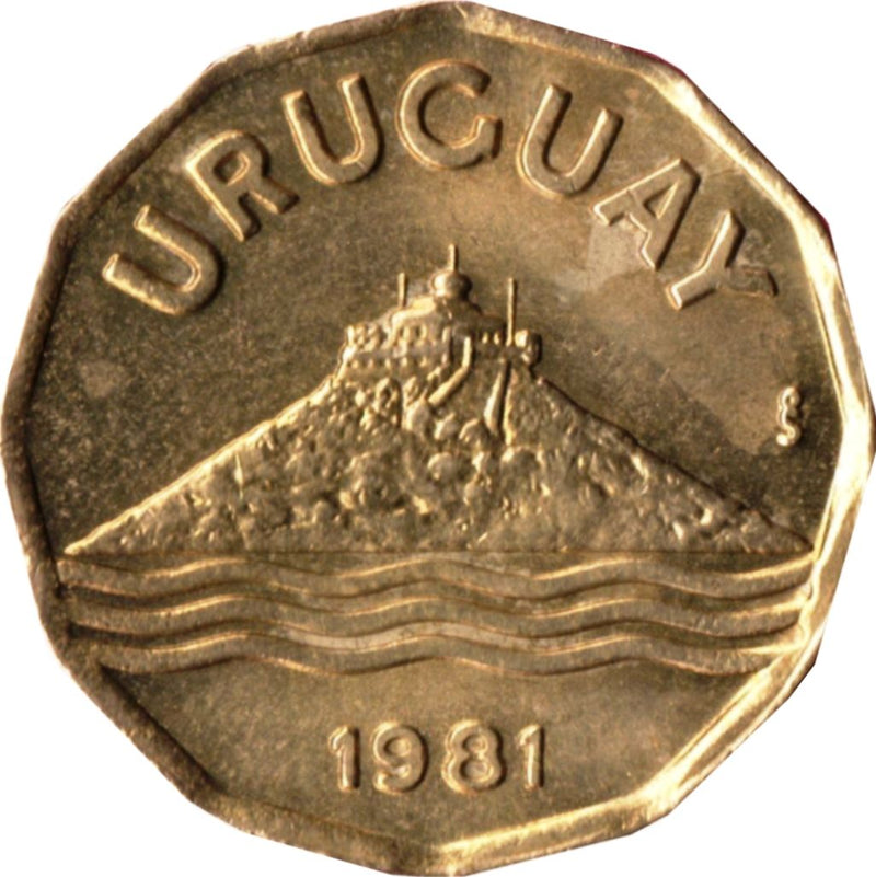 Uruguay Coin 	Uruguayan 20 Centésimos | Montevideo Hill Fortress | Olive Sprig | KM67 | 1976 - 1981