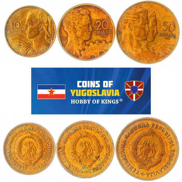 Yugoslav 3 Coin Set 10 20 50 Dinara | Wheat | Flame | Cogwheel | Star | 1955