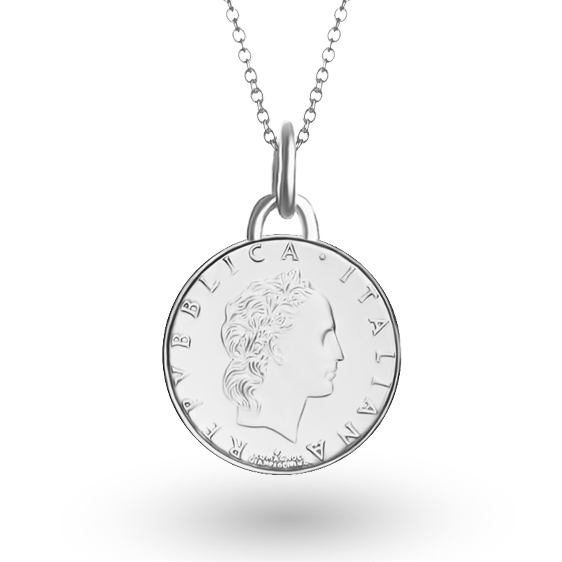 Italian Coin Necklace | Medallion Pendant Jewelry | Rhodium Plated 50 Lira | 1990 - 1995
