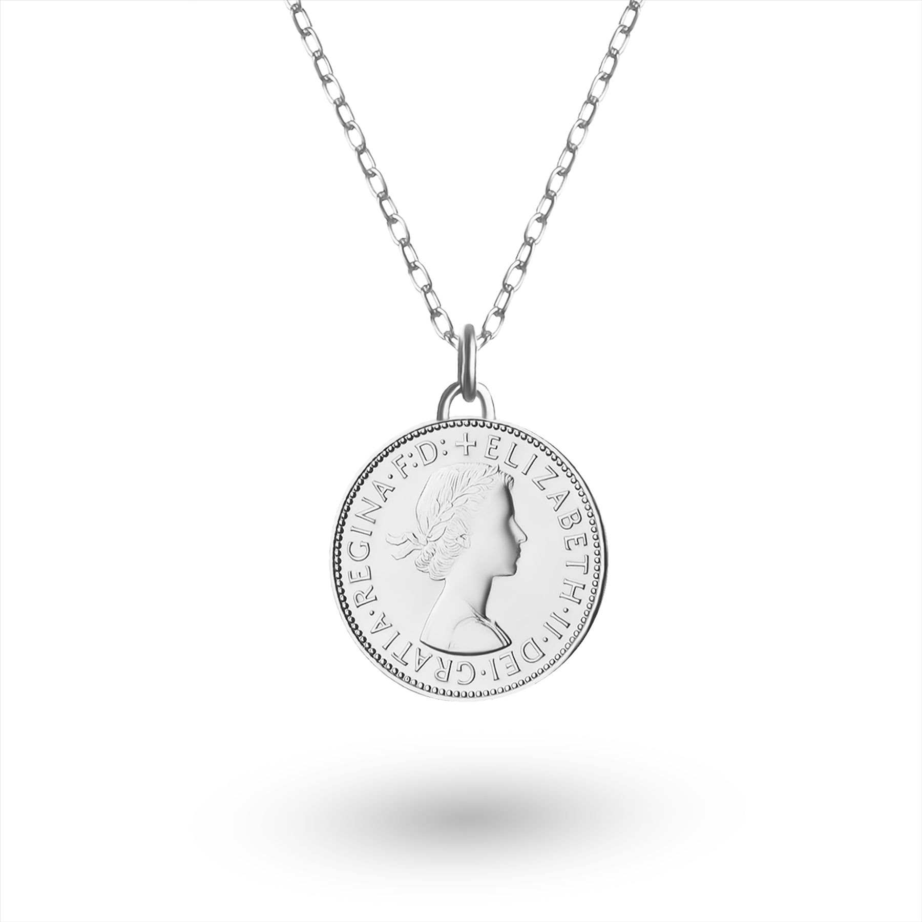 British Coin Necklace | Medallion Pendant Jewelry | Rhodium Plated 1/2 Penny | Queen Elizabeth II | 1954 - 1970