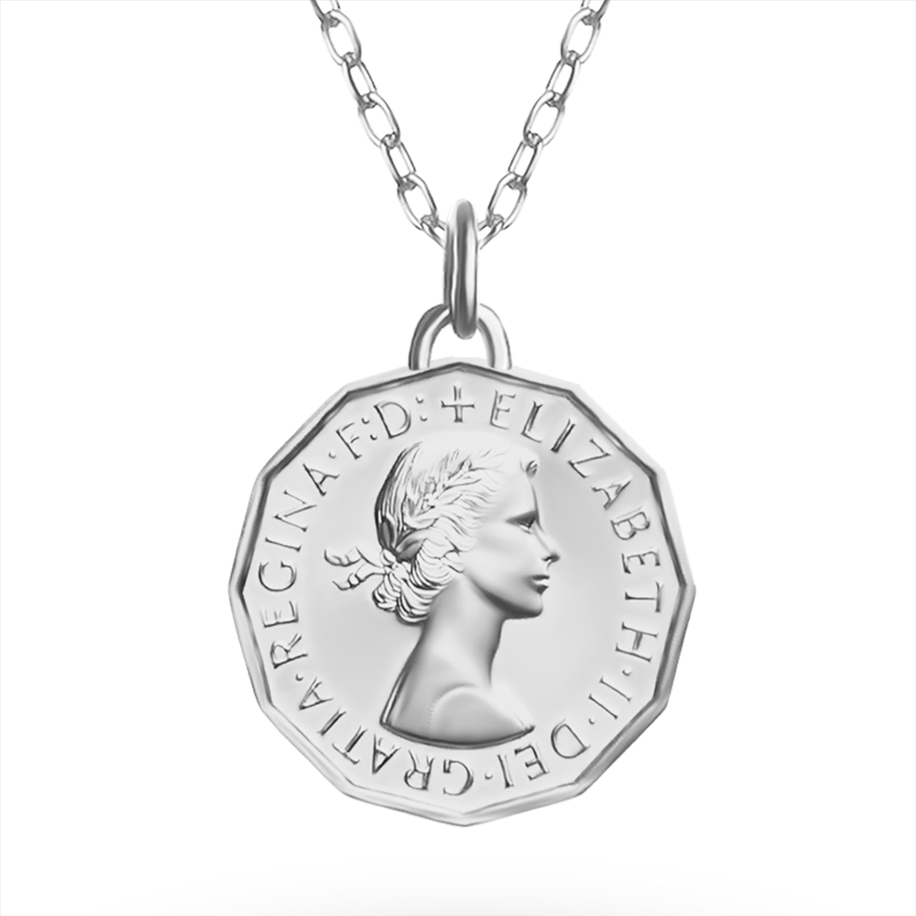 British Coin Necklace | Medallion Pendant Jewelry | Rhodium Plated 3 Pence | Queen Elizabeth II | 1954 - 1970