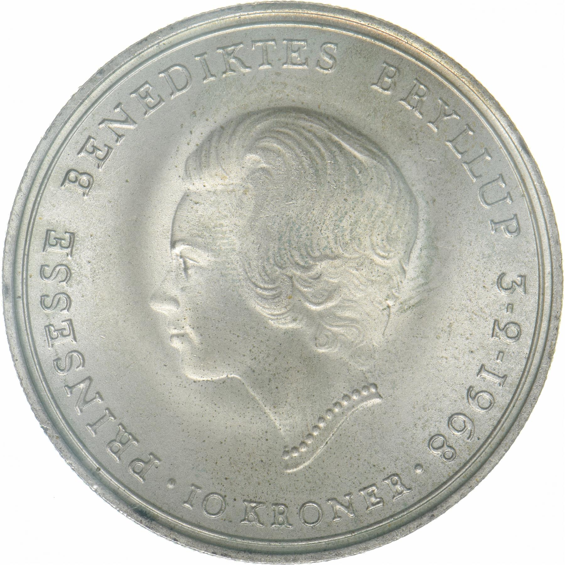 Denmark | 10 Kroner Coin | Silver | Wedding of Princess Benedikte | KM:857 | 1968