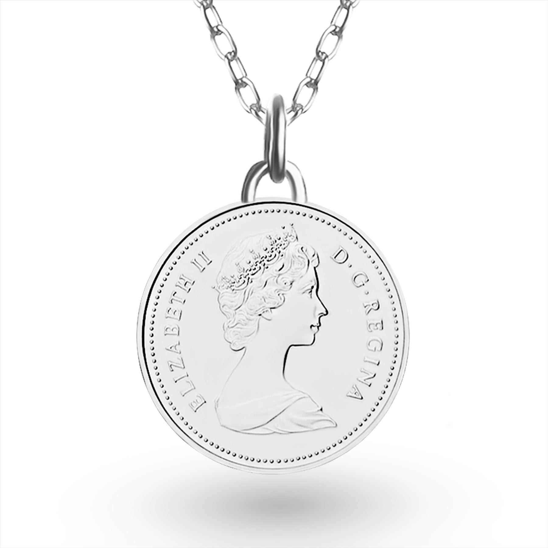 Canadian Coin Necklace | Medallion Pendant Jewelry | Rhodium Plated 5 Cents | Queen Elizabeth II | 1965 - 1989