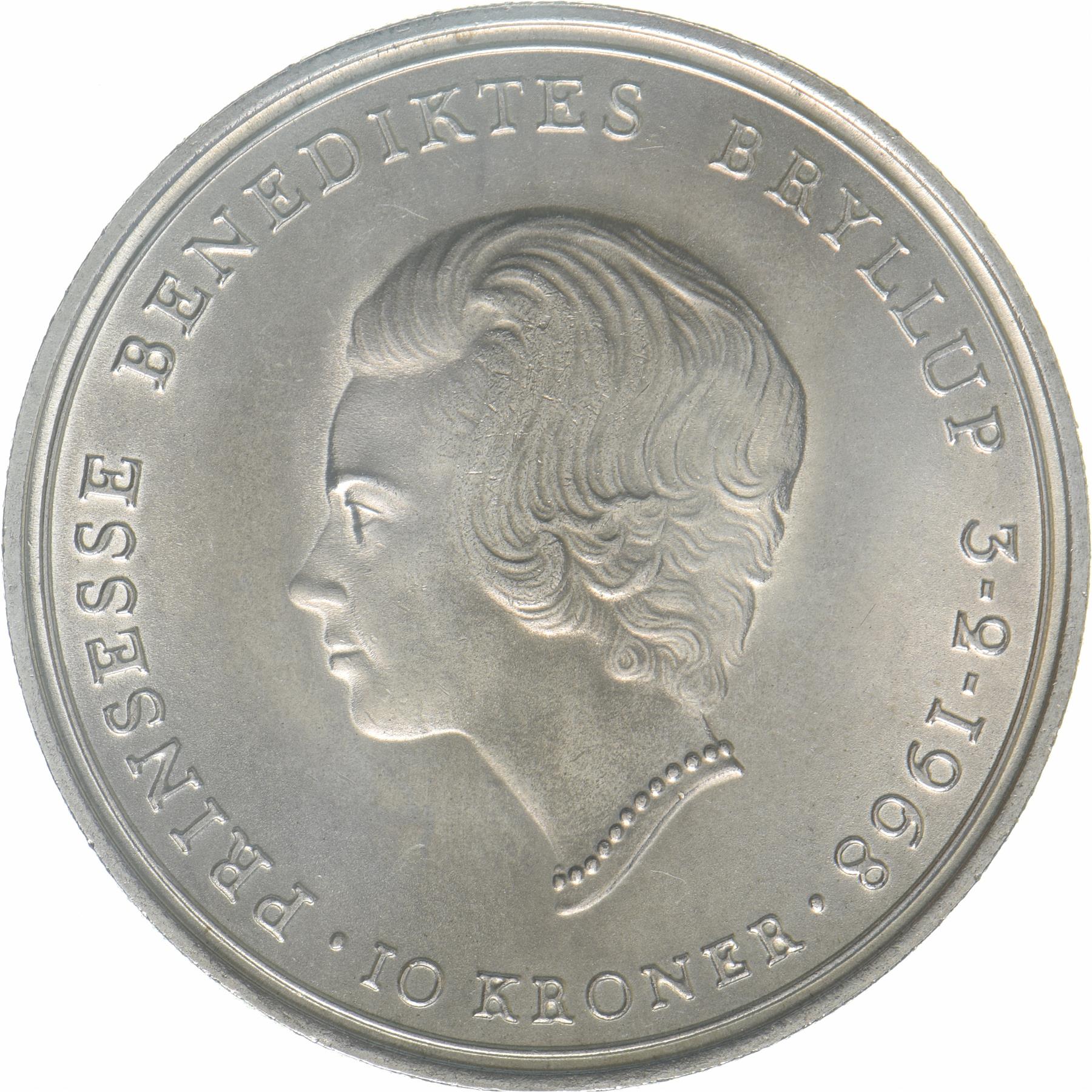 Denmark | 10 Kroner Coin | Silver | Wedding of Princess Benedikte | KM:857 | 1968