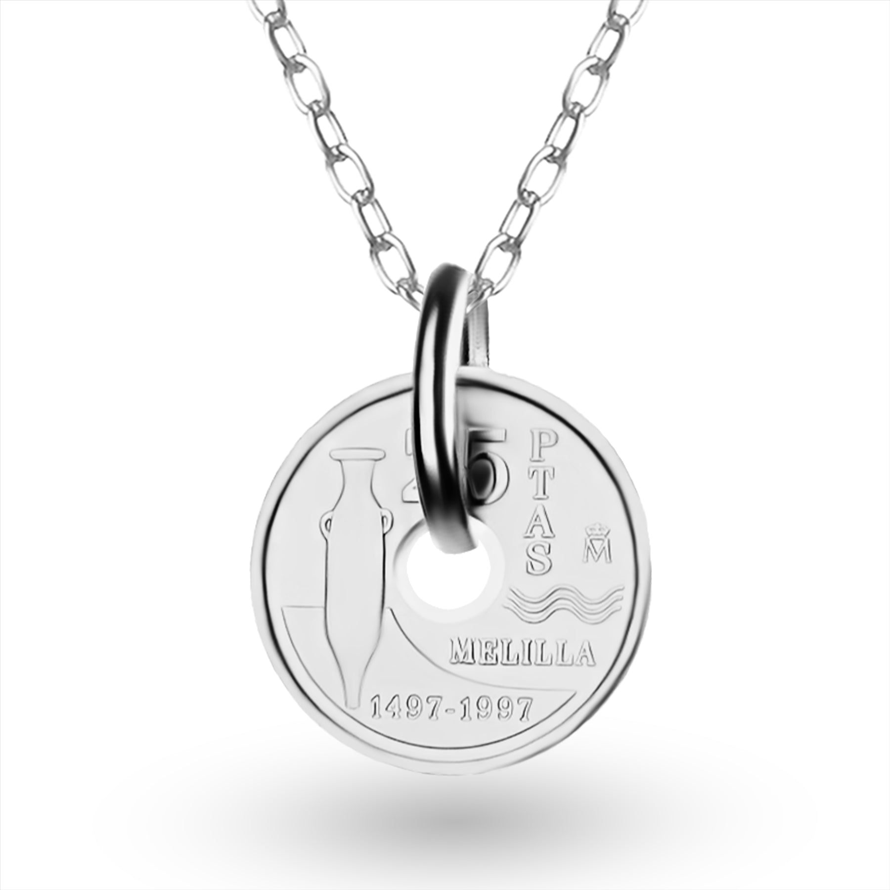 Spanish Coin Necklace | Medallion Pendant Jewelry | Rhodium Plated 25 Pesetas | Melilla | 1997